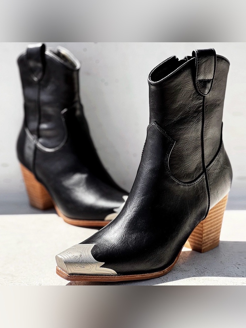 New black PU leather metal cap block heel cowboy cowgirl western ankle boots